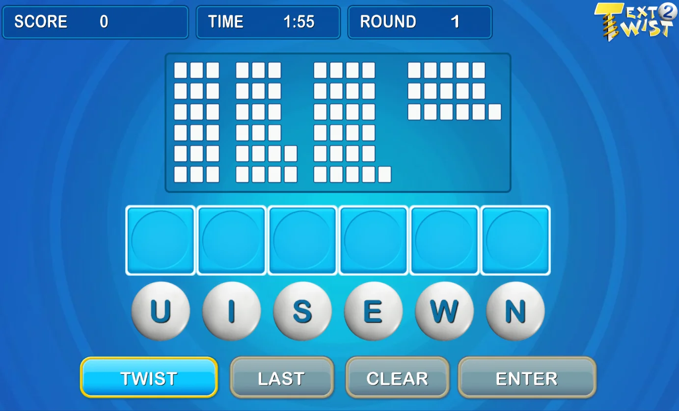 Text Twist 2 game main interface, showing letter arrangement and word collection areas